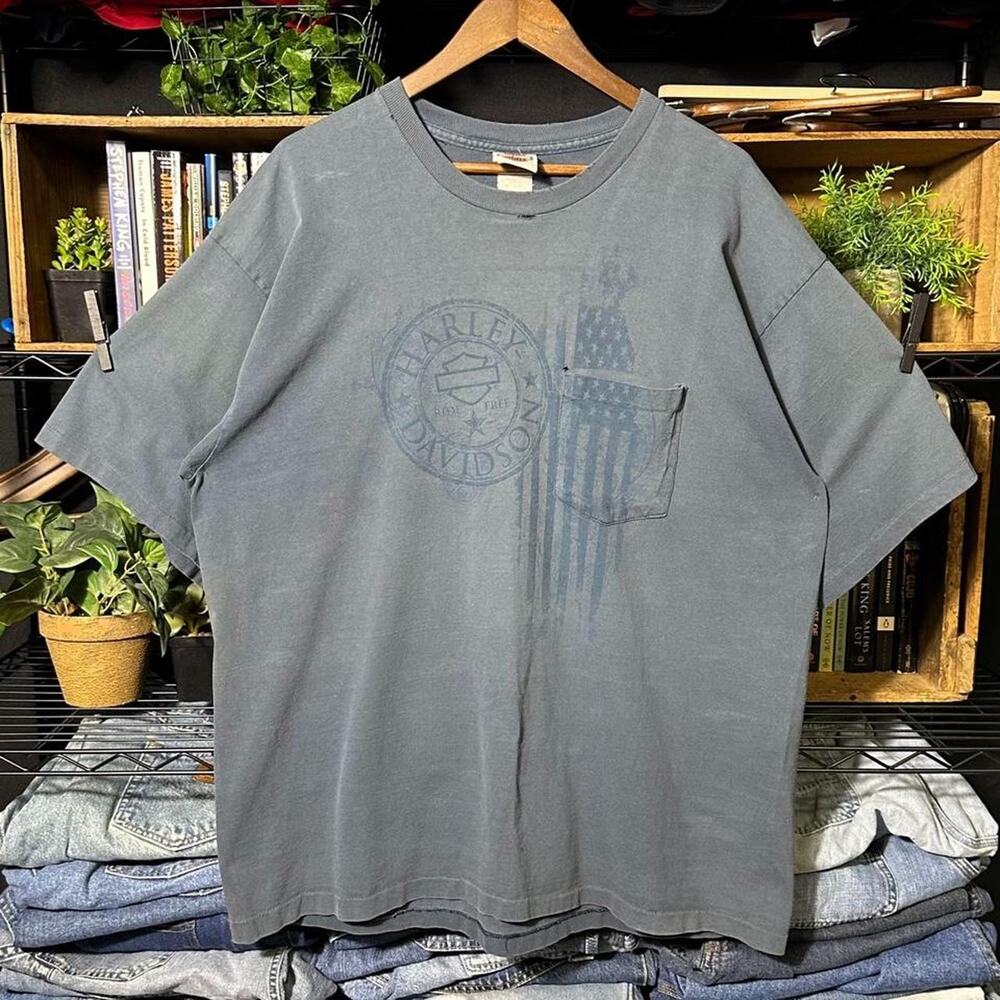 Vintage Harley Davidson Single Stitch Faded Biker Tee Mens 2XL Blue White Shirt
